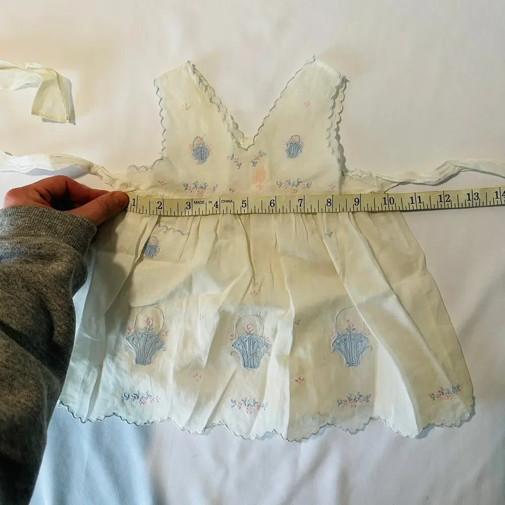 Vintage Spring Easter Flower Basket Pinafore Tie Back Apron Dress Sz 0-3 mo